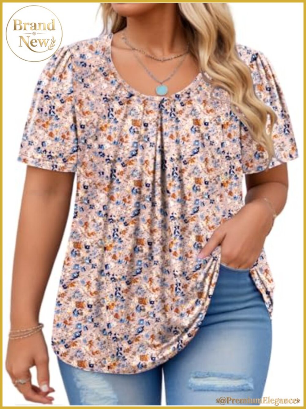 Women's Plus Size Flowy Pleated Tee Puff Sleeve Crew Neck Casual Tunic Blouse
